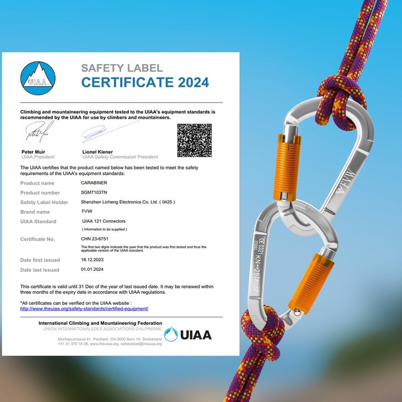 FVW Auto Locking Rock Climbing Carabiner Clips, UIAA Certified Professional 25KN (5620 lbs) Heavy Duty Caribeaners for Rappelling Swing Rescue & Gym etc, Large Carabiners, D-Shaped (silver-2pcs) - Image 2